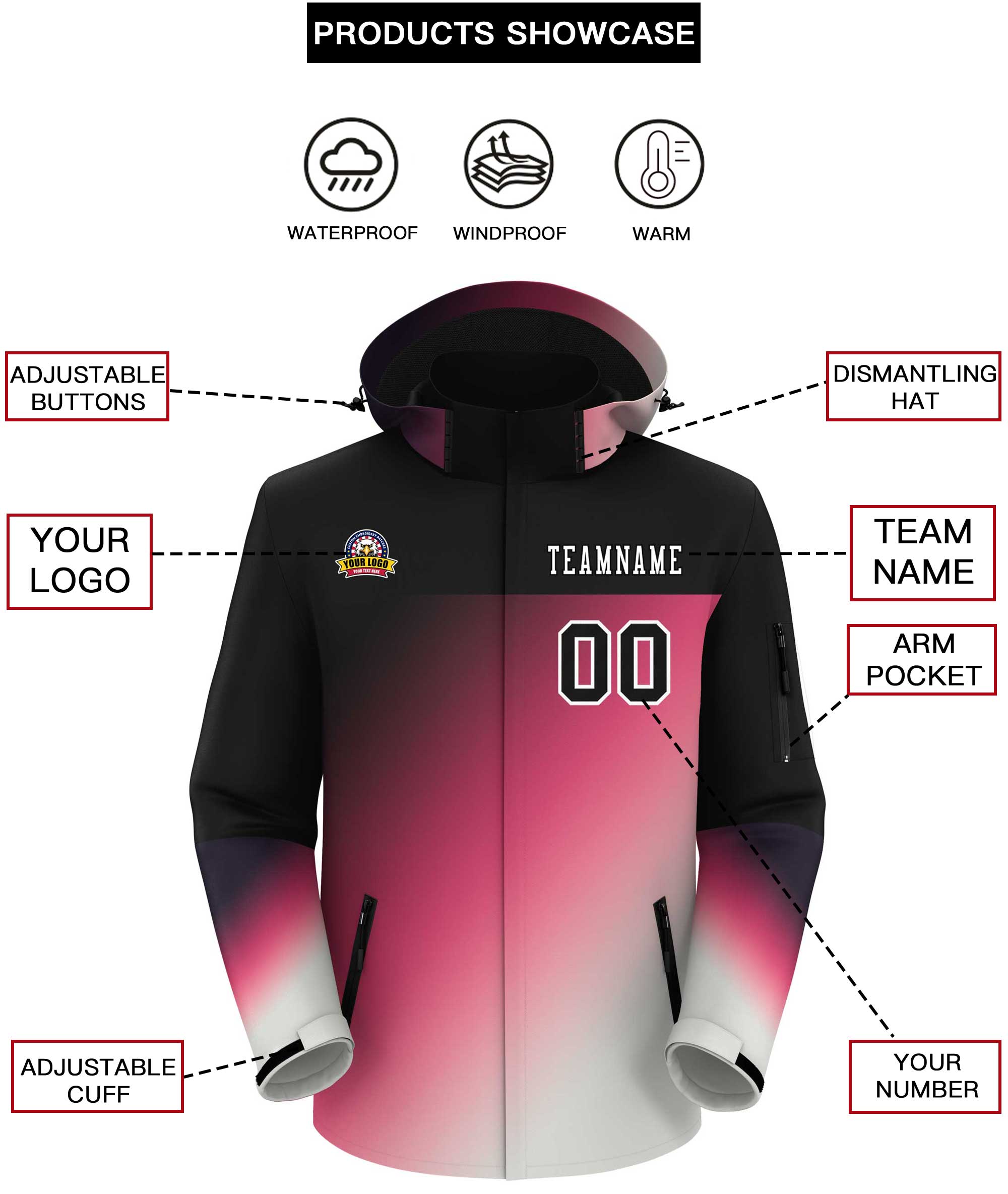 Custom Black Pink-White Gradient Fashion Personalized Outdoor Hooded Waterproof Jacket