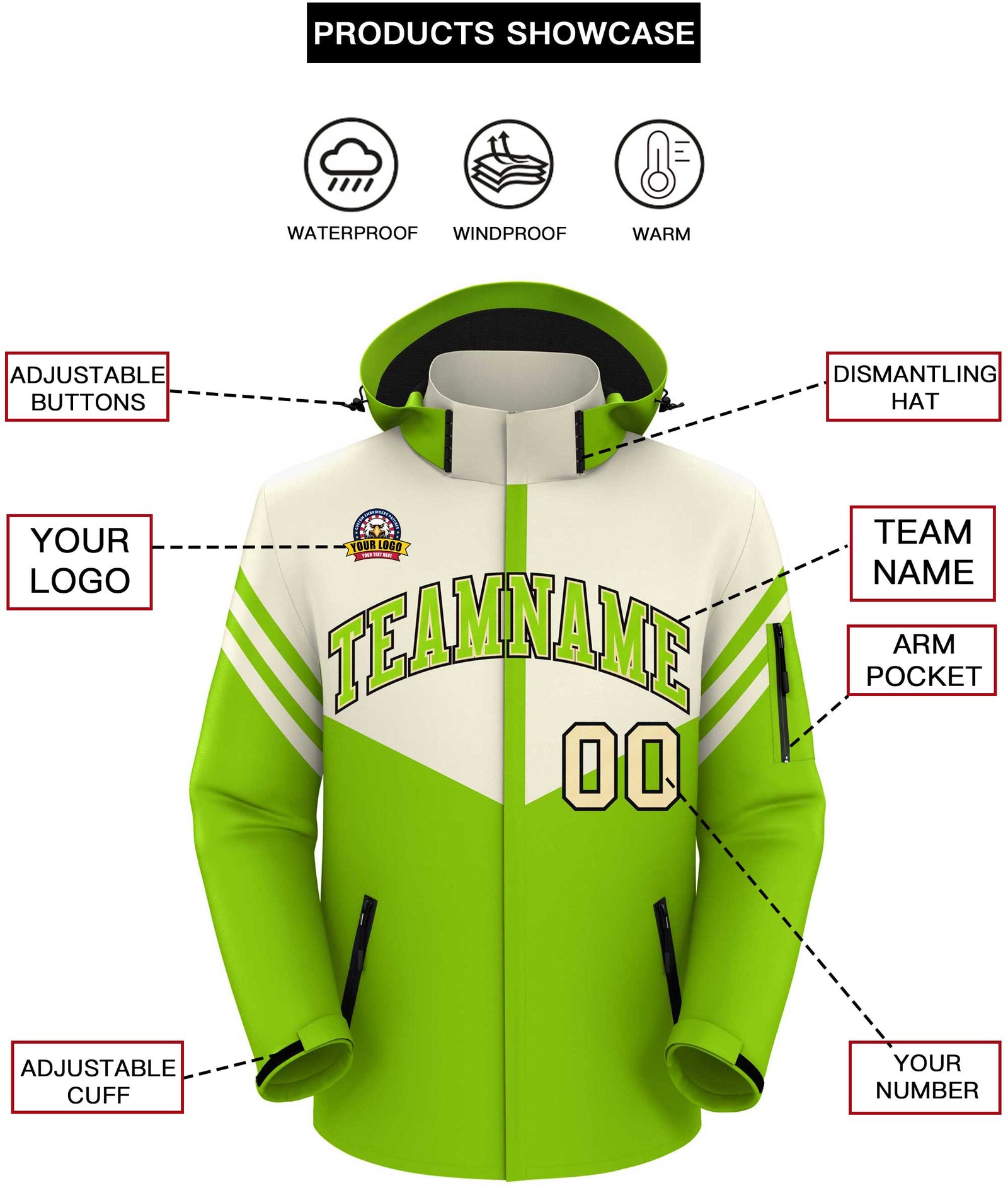 Custom Cream Neon Green Color Block Personalized Outdoor Hooded Waterproof Jacket