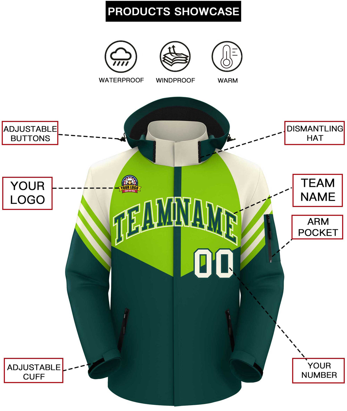 Custom Neon Green Midnight Green-Cream Color Block Personalized Outdoor Hooded Waterproof Jacket