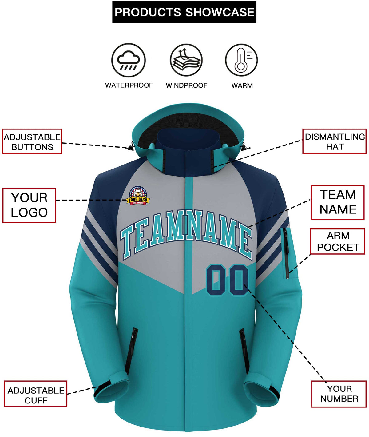 Custom Gray Aqua-Navy Color Block Personalized Outdoor Hooded Waterproof Jacket