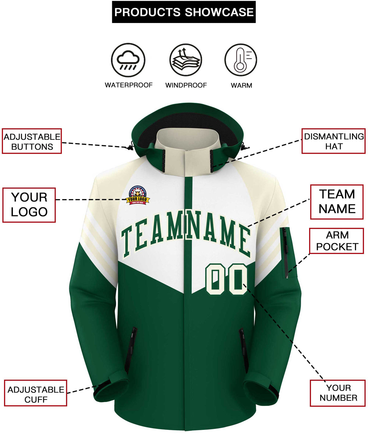 Custom White Green-Cream Color Block Personalized Outdoor Hooded Waterproof Jacket