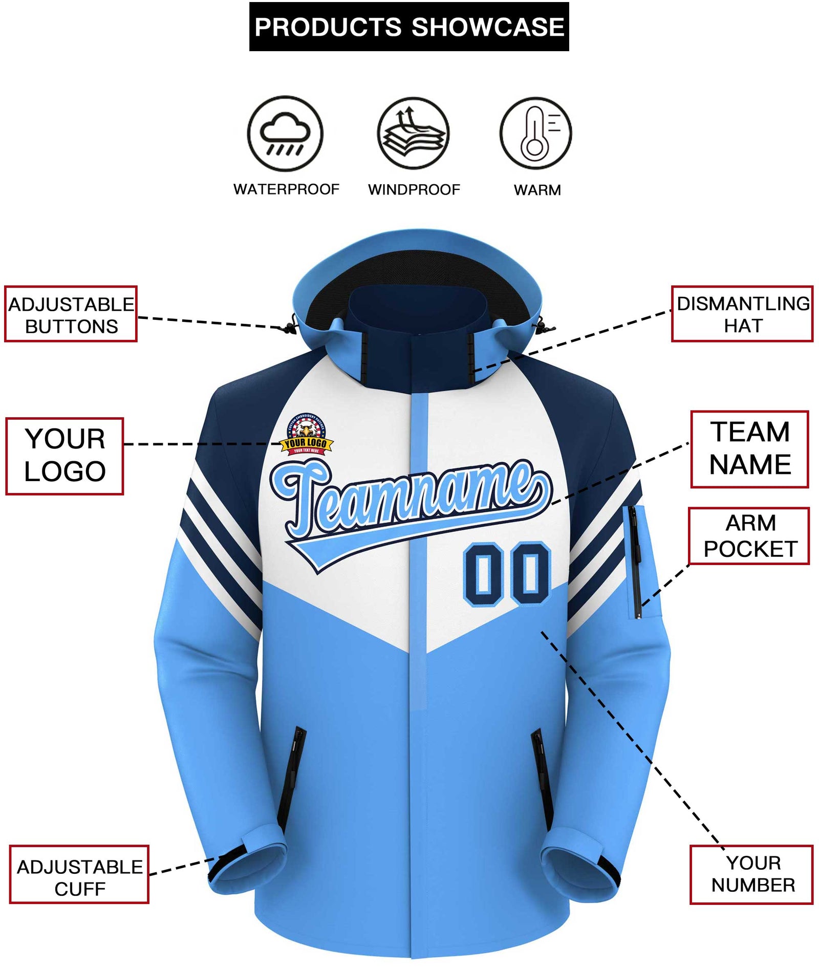 Custom White Powder Blue-Navy Color Block Personalized Outdoor Hooded Waterproof Jacket