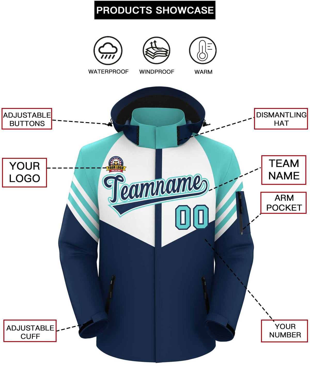Custom White Navy-Aqua Color Block Personalized Outdoor Hooded Waterproof Jacket
