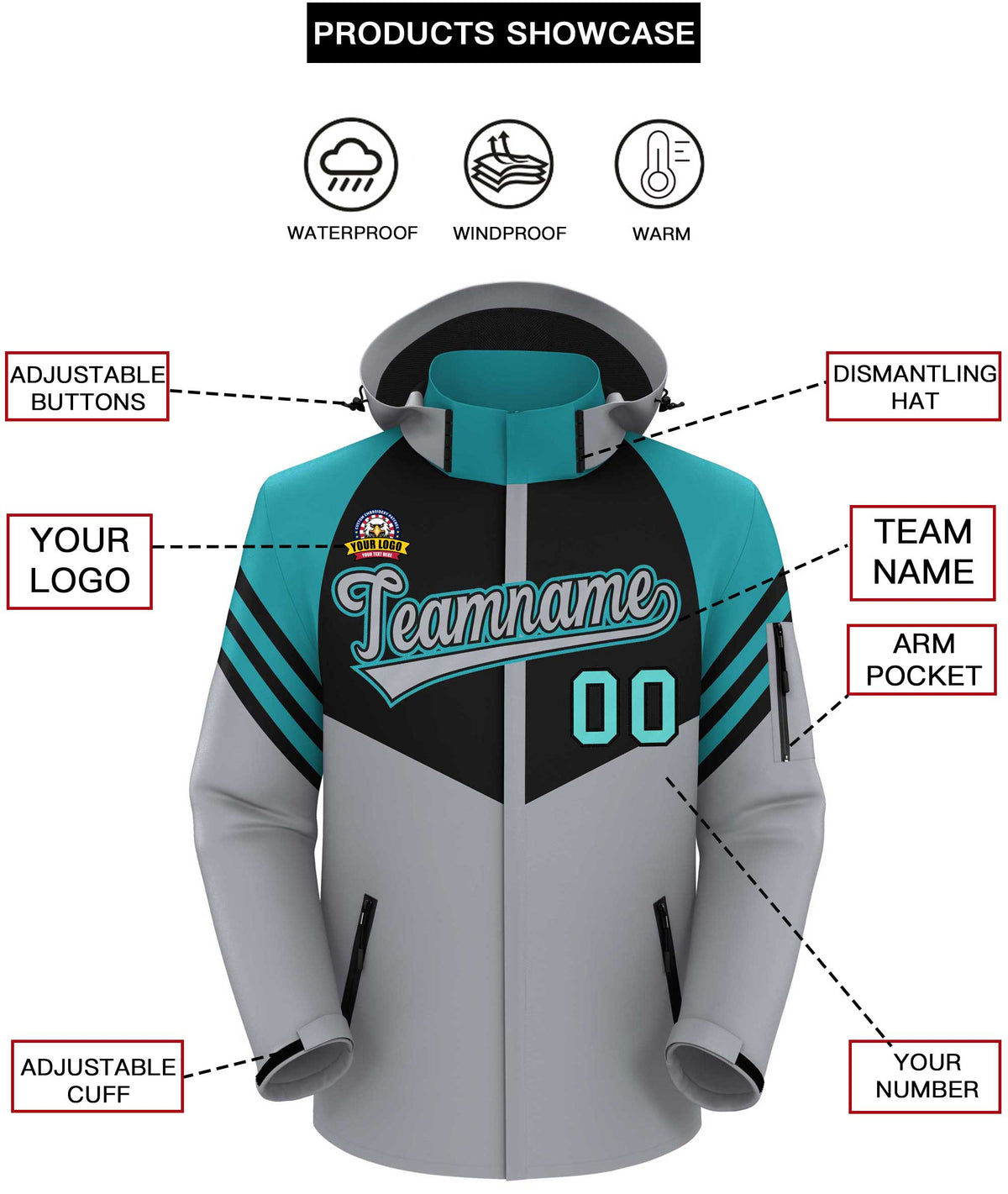 Custom Black Gray-Aqua Color Block Personalized Outdoor Hooded Waterproof Jacket