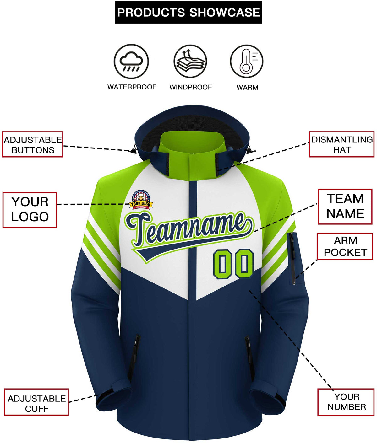Custom White Navy-Neon Green Color Block Personalized Outdoor Hooded Waterproof Jacket