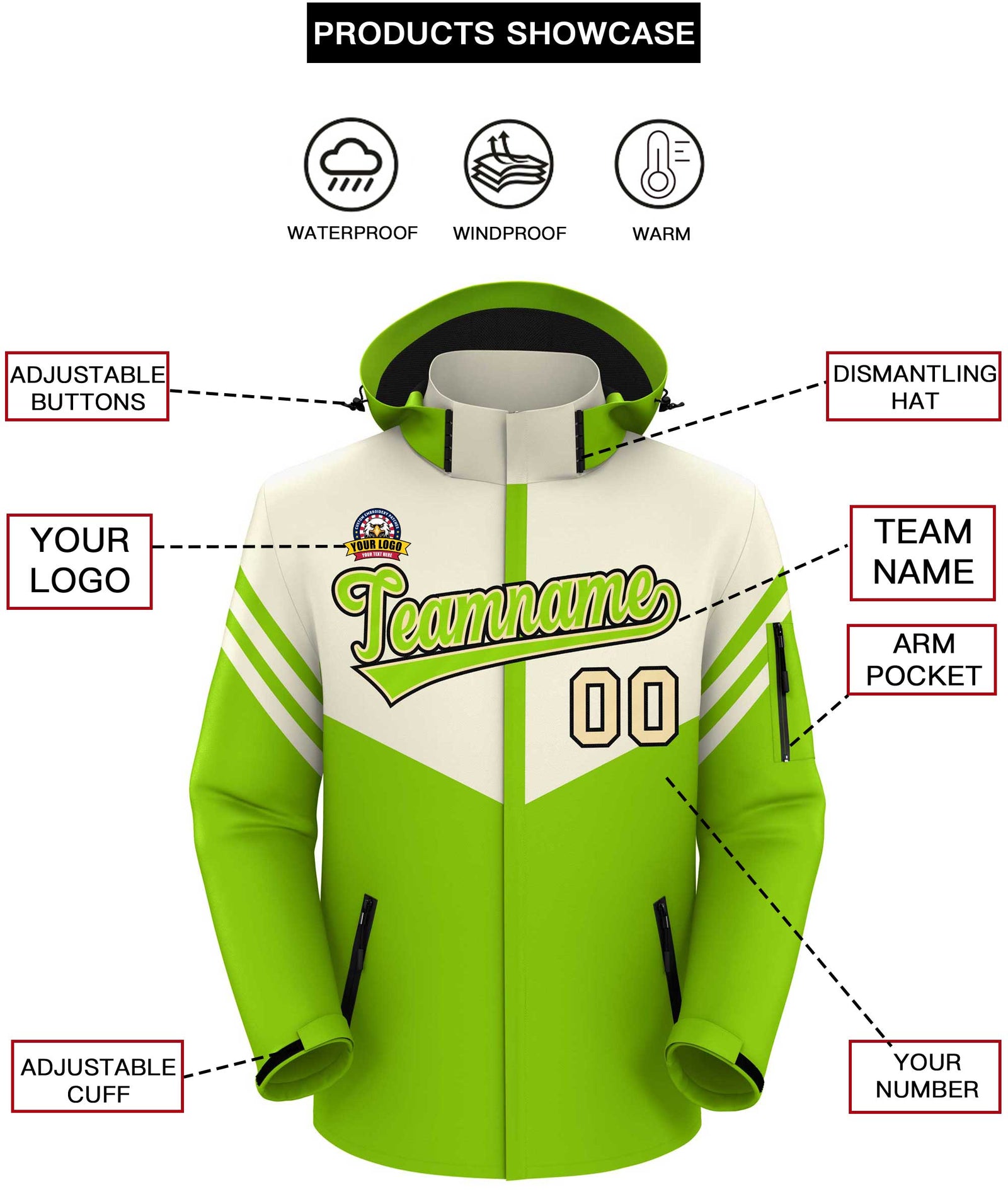 Custom Cream Neon Green Color Block Personalized Outdoor Hooded Waterproof Jacket