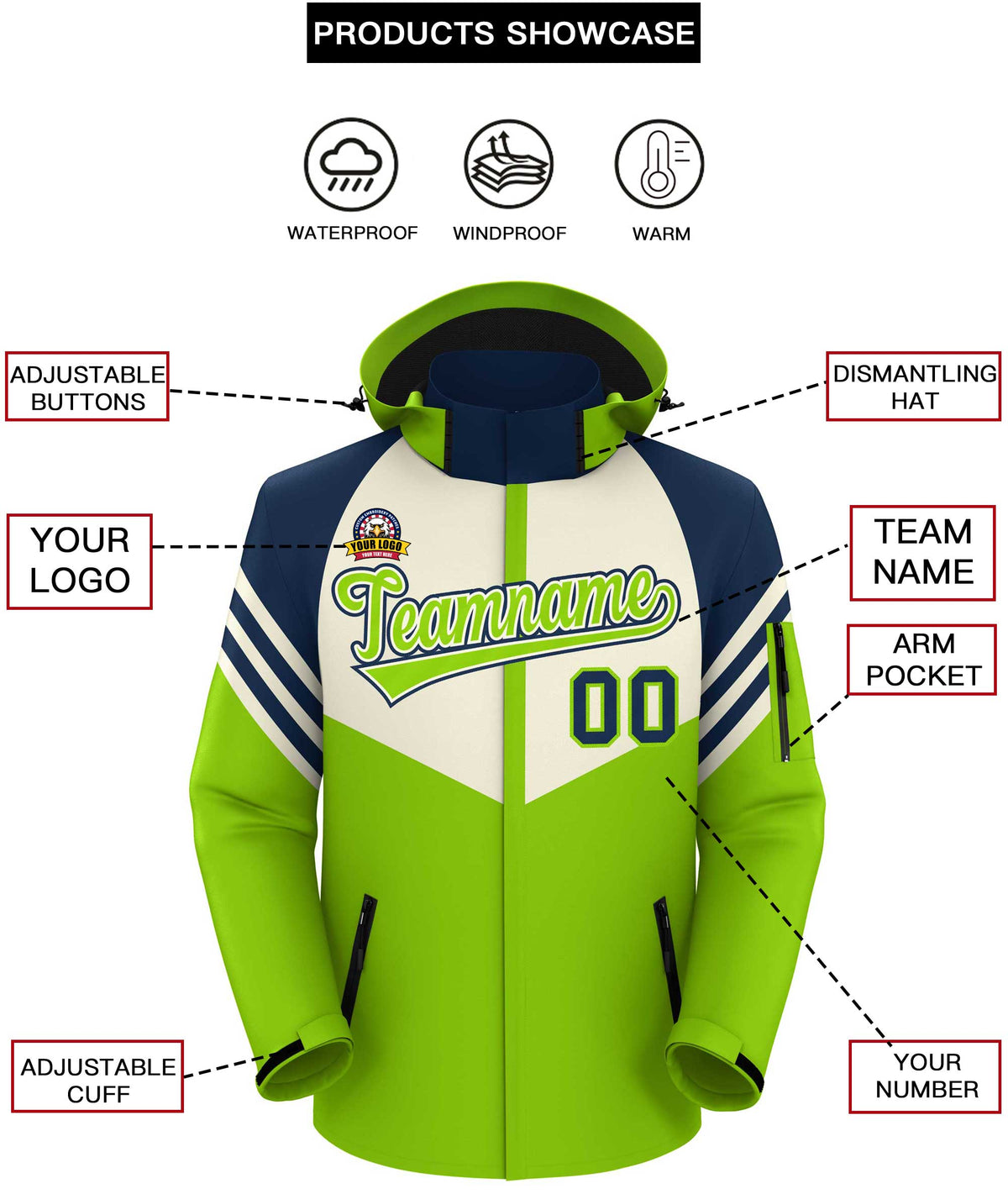 Custom Cream Neon Green-Navy Color Block Personalized Outdoor Hooded Waterproof Jacket