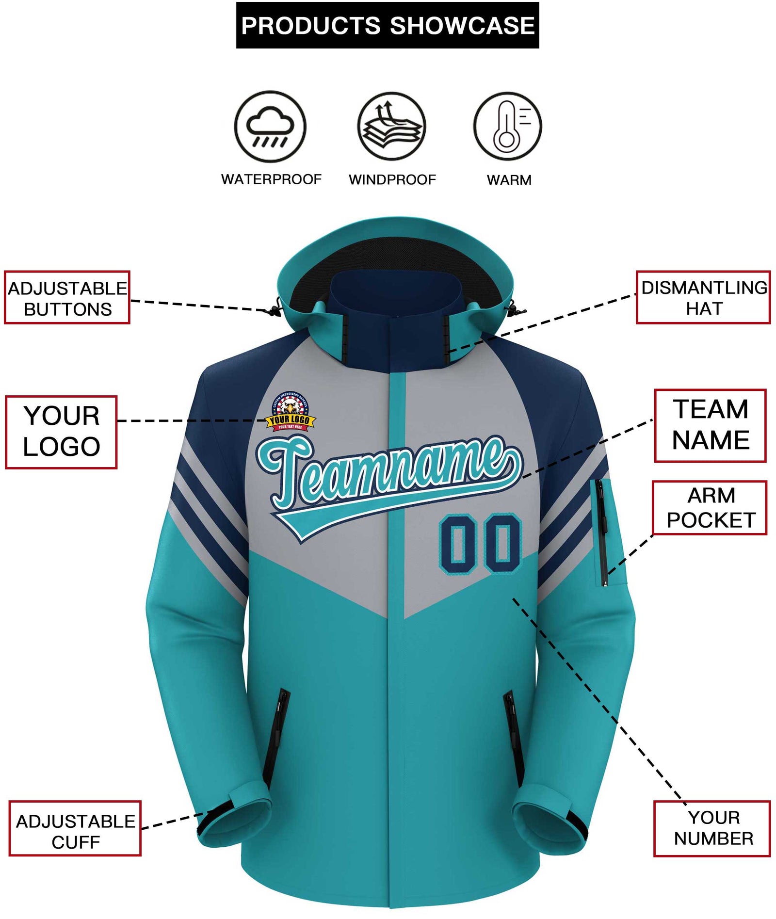 Custom Gray Aqua-Navy Color Block Personalized Outdoor Hooded Waterproof Jacket