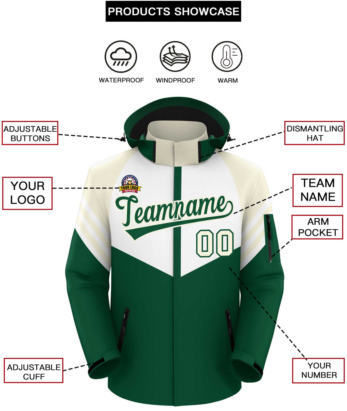 Custom White Green-Cream Color Block Personalized Outdoor Hooded Waterproof Jacket