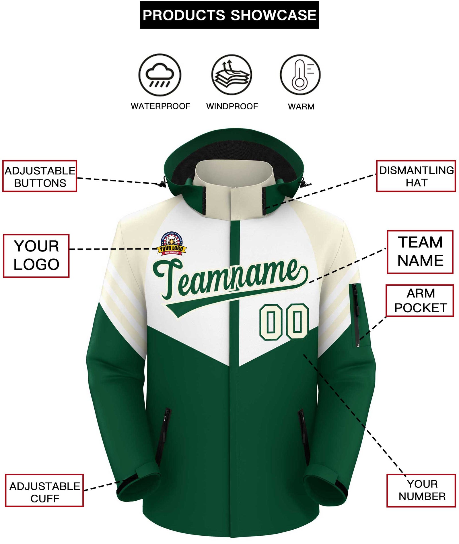 Custom White Green-Cream Color Block Personalized Outdoor Hooded Waterproof Jacket