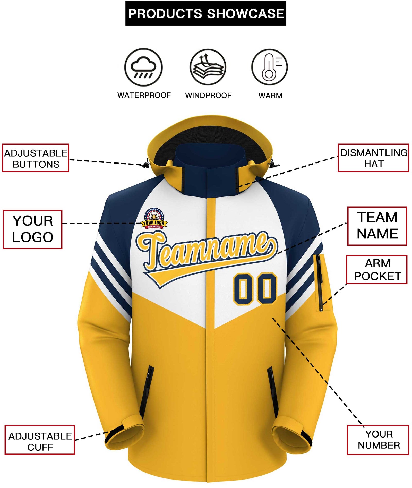 Custom White Gold-Navy Color Block Personalized Outdoor Hooded Waterproof Jacket