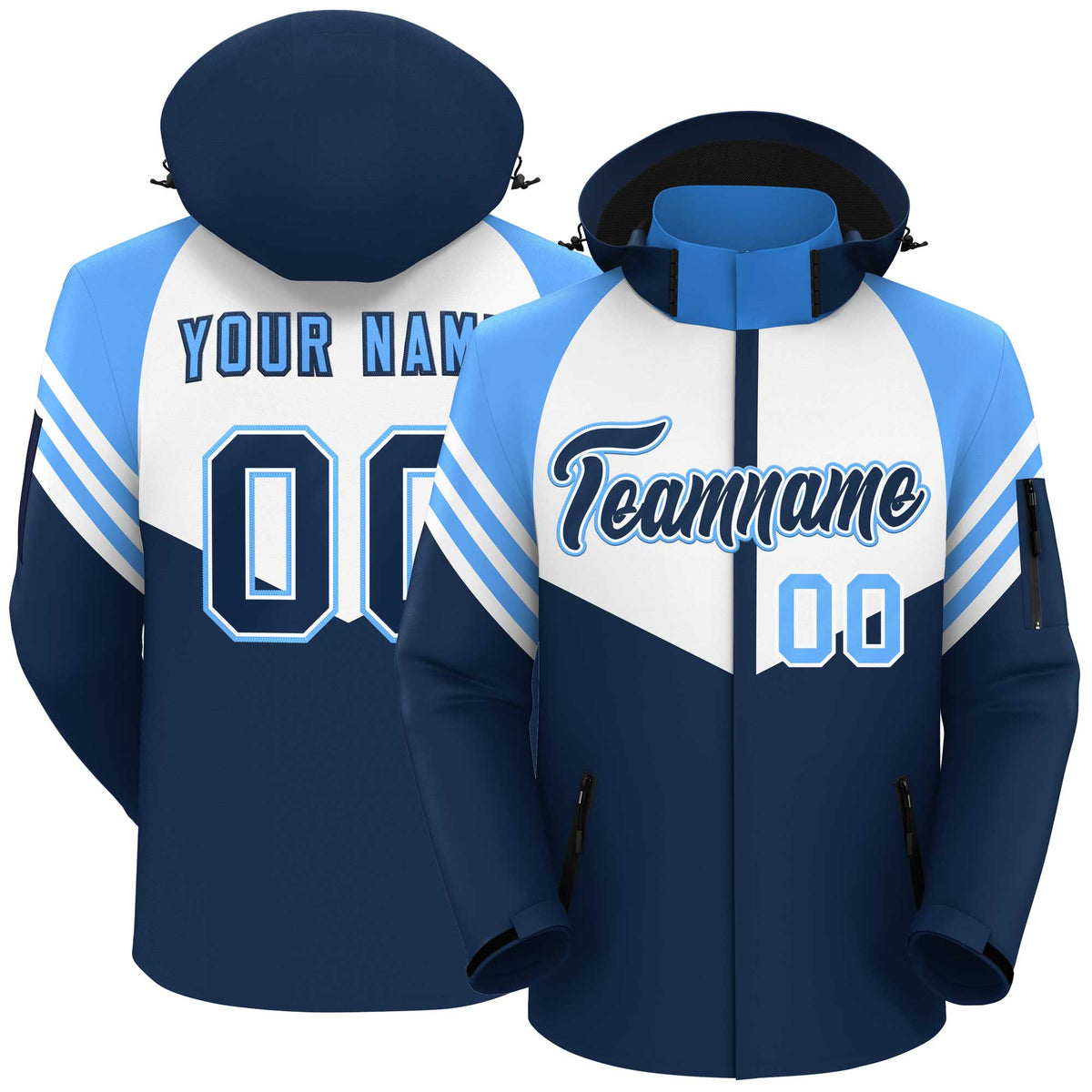Custom White Navy-Powder Blue Color Block Personalized Outdoor Hooded Waterproof Jacket