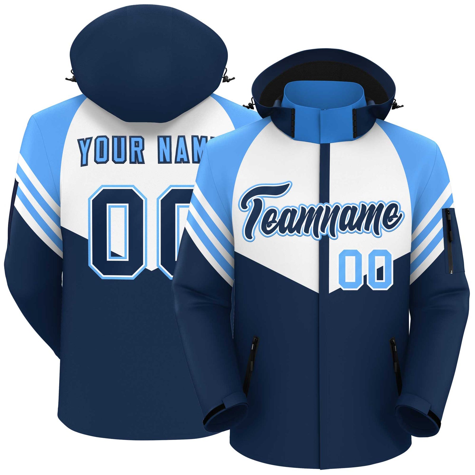 Custom White Navy-Powder Blue Color Block Personalized Outdoor Hooded Waterproof Jacket