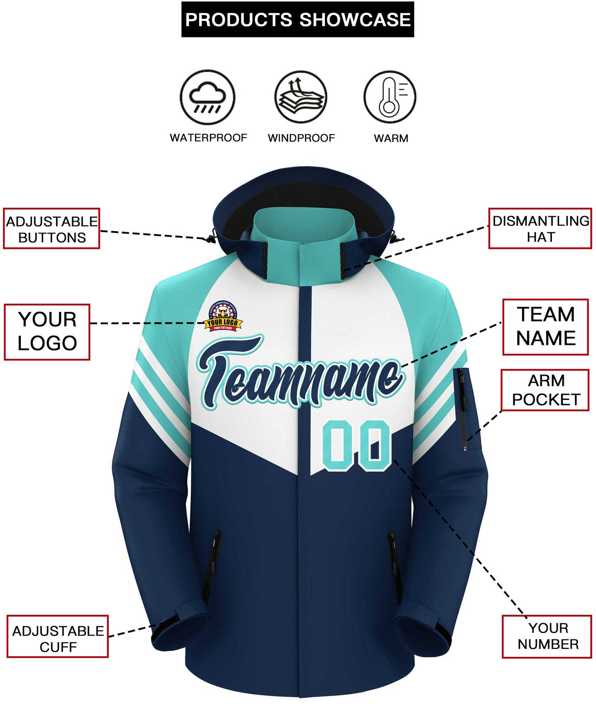Custom White Navy-Aqua Color Block Personalized Outdoor Hooded Waterproof Jacket