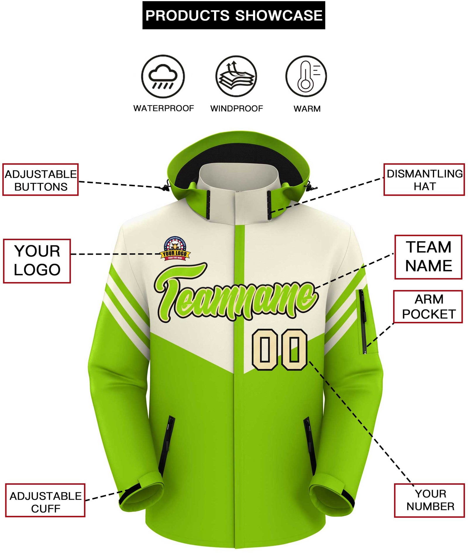 Custom Cream Neon Green Color Block Personalized Outdoor Hooded Waterproof Jacket