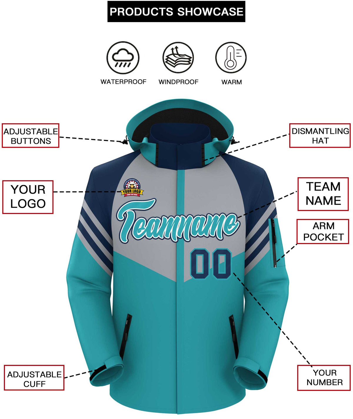 Custom Gray Aqua-Navy Color Block Personalized Outdoor Hooded Waterproof Jacket