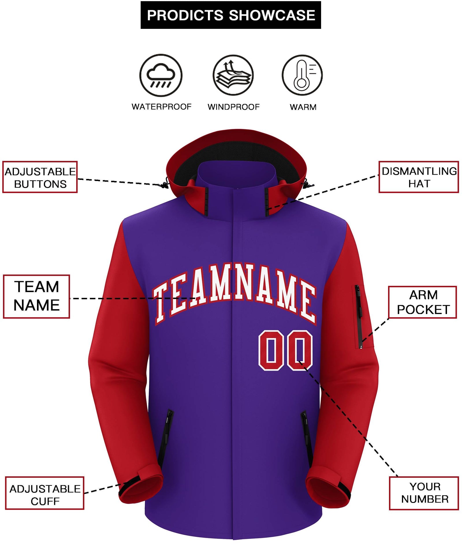 Custom Purple Red-White Raglan Sleeves Waterproof Jacket