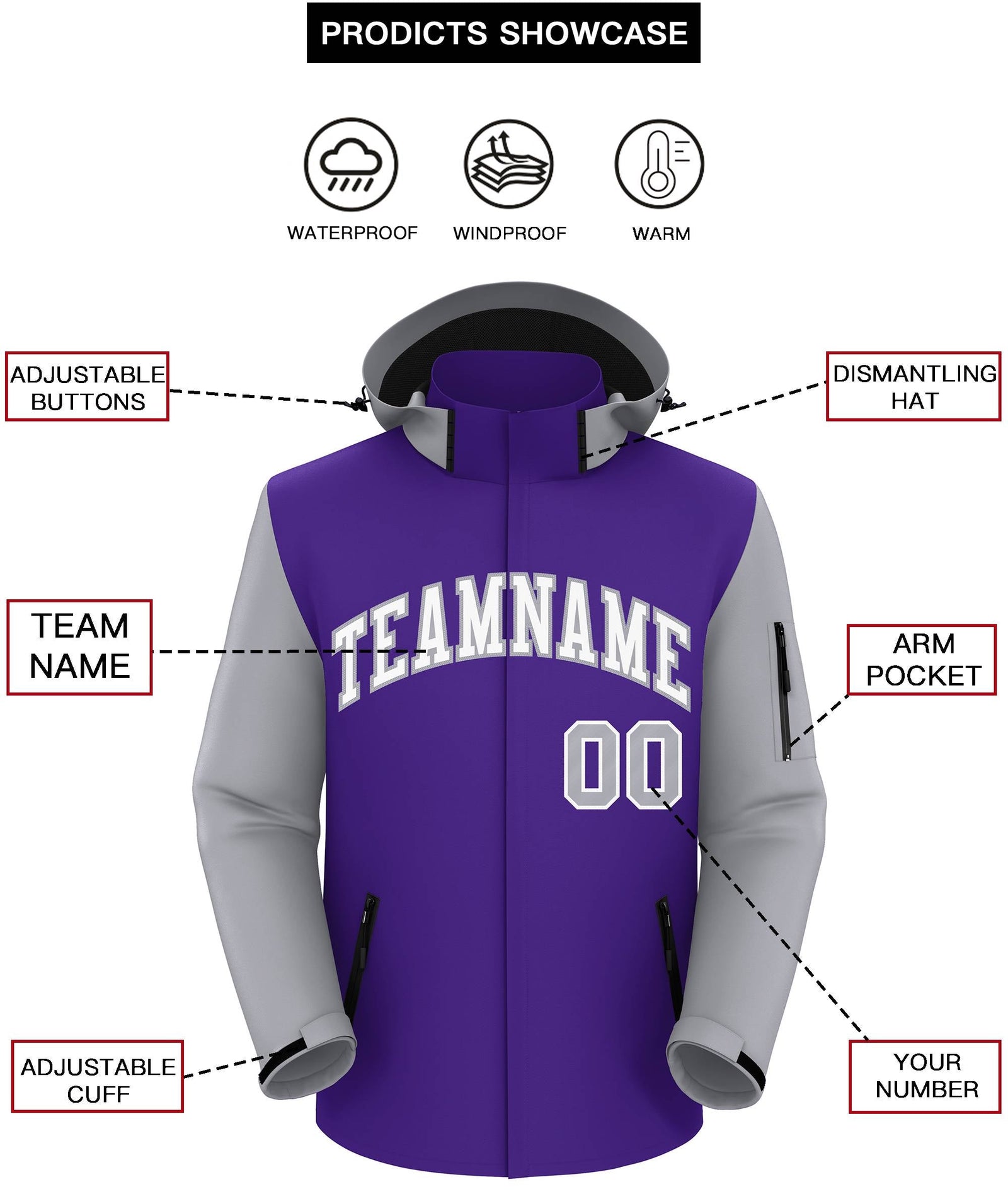 Custom Purple Gray-White Raglan Sleeves Waterproof Jacket