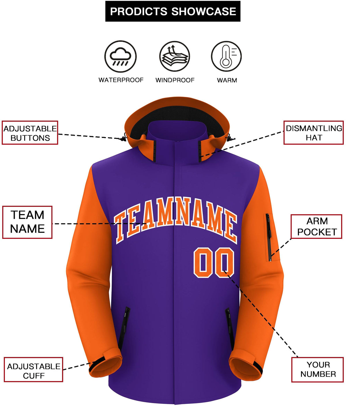 Custom Purple Orange-White Raglan Sleeves Waterproof Jacket