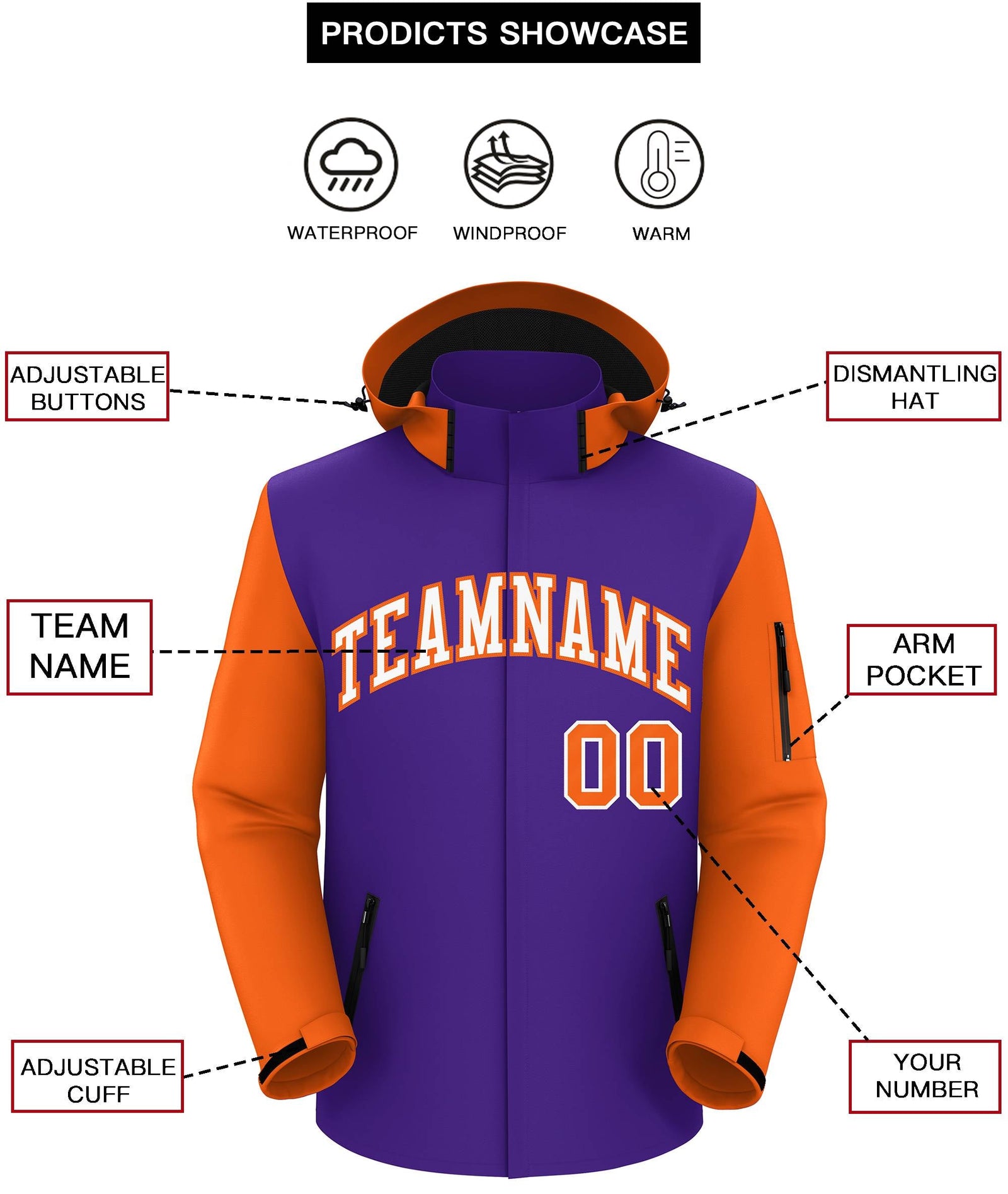 Custom Purple Orange-White Raglan Sleeves Waterproof Jacket