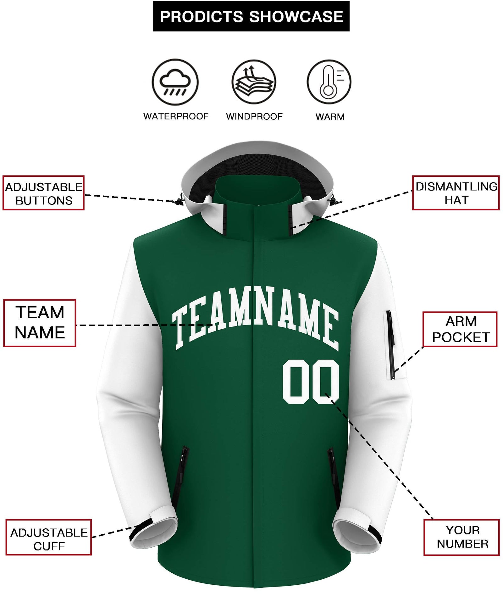 Custom Green White- Raglan Sleeves Waterproof Jacket