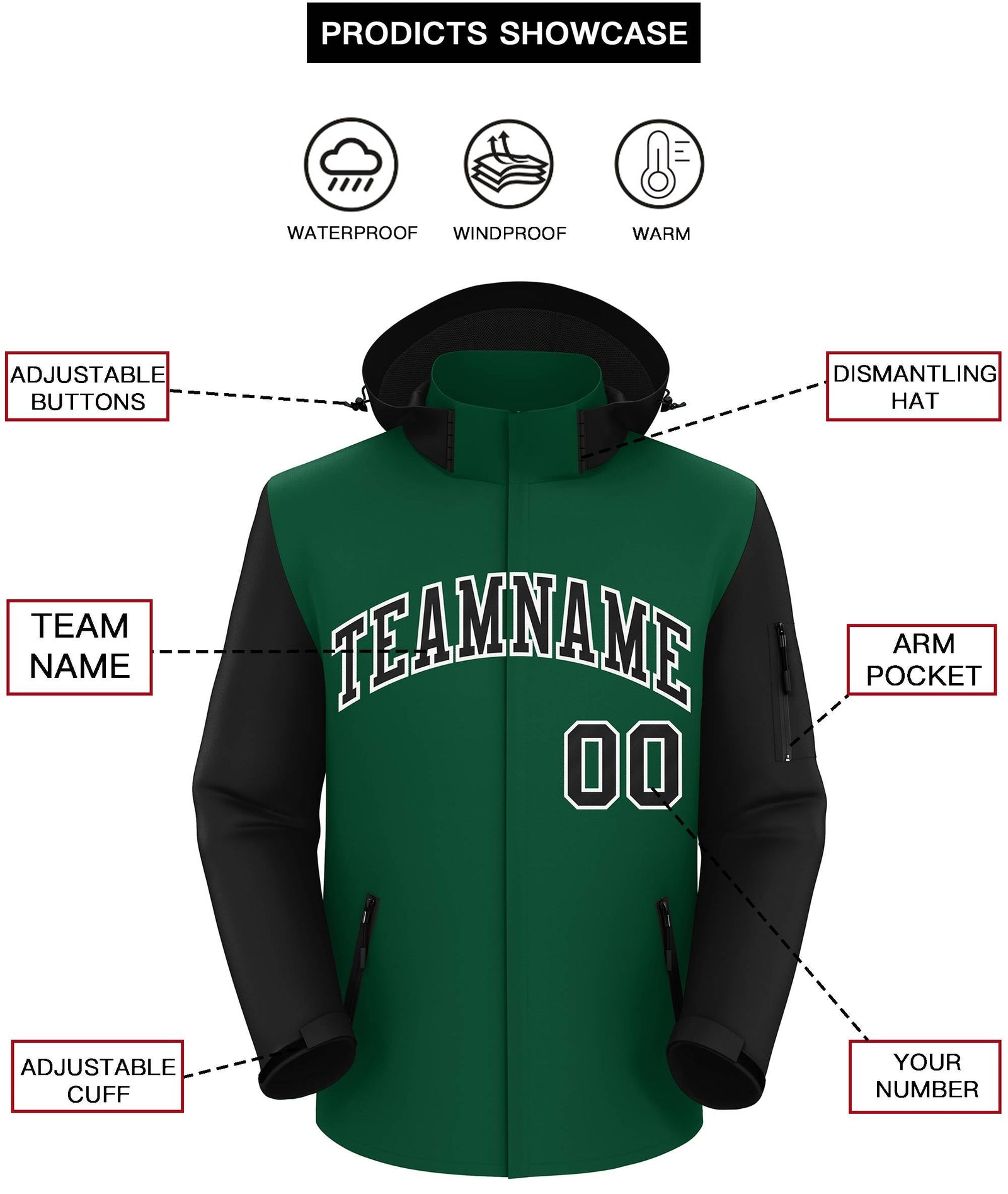 Custom Green Black-White Raglan Sleeves Waterproof Jacket
