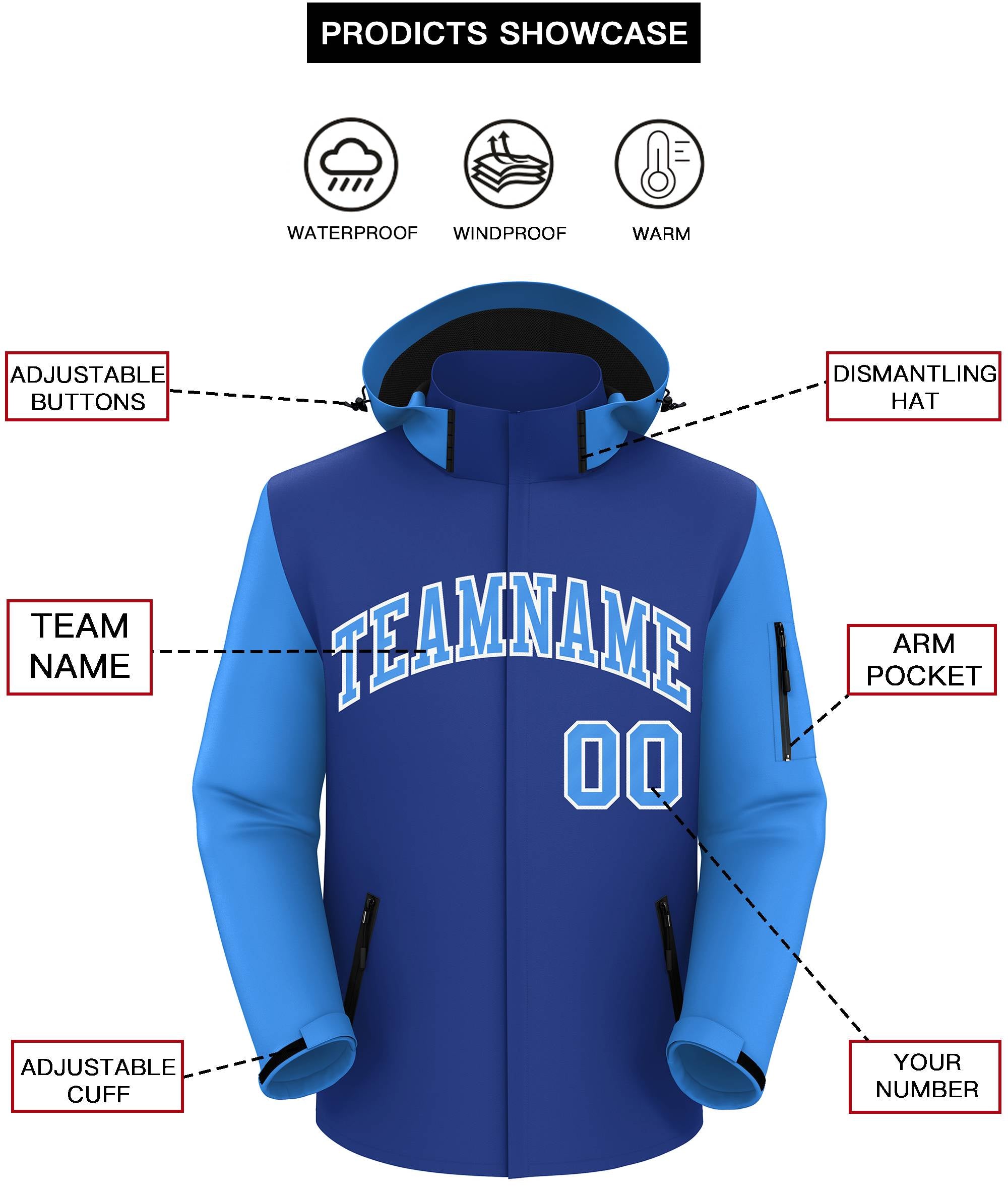 Custom Royal Powder Blue-White Raglan Sleeves Waterproof Jacket