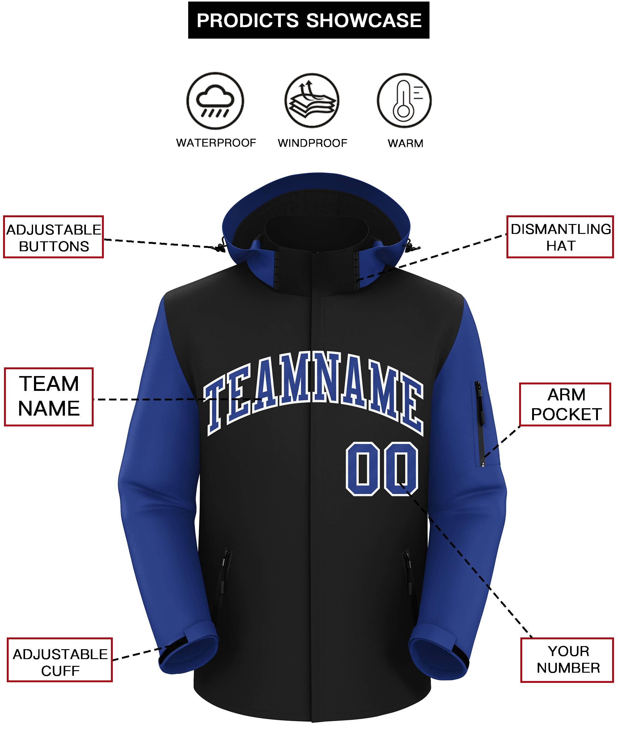 Custom Black Royal-White Raglan Sleeves Waterproof Jacket
