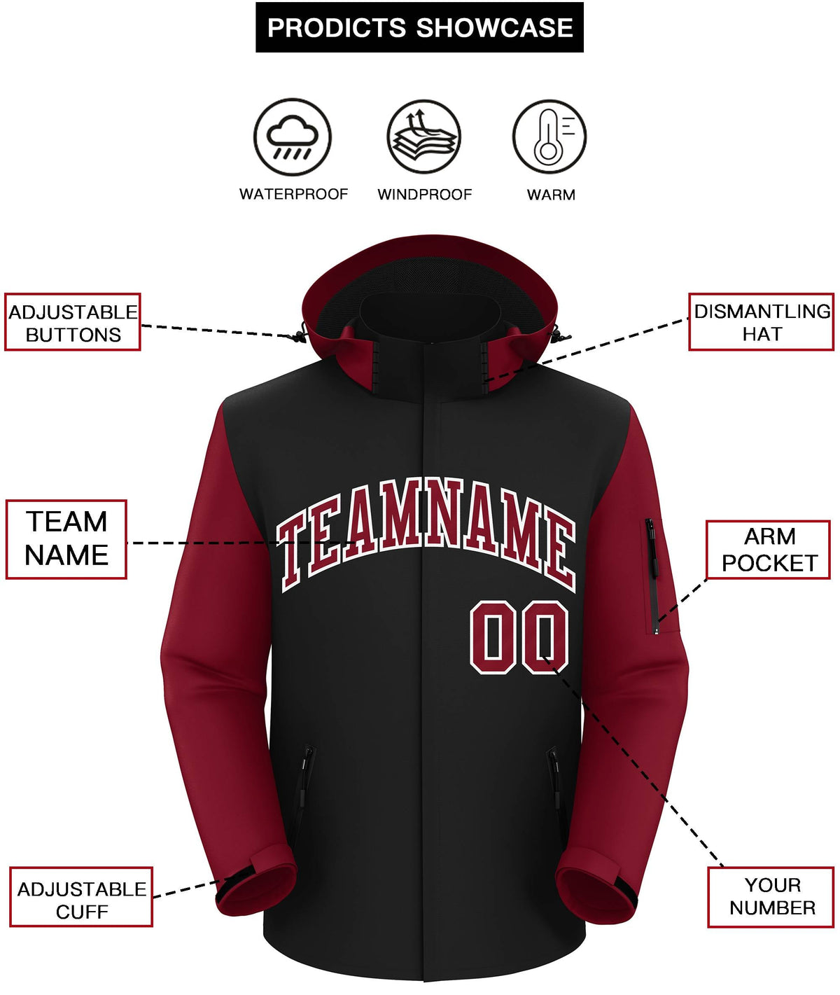 Custom Black Crimson-White Raglan Sleeves Waterproof Jacket