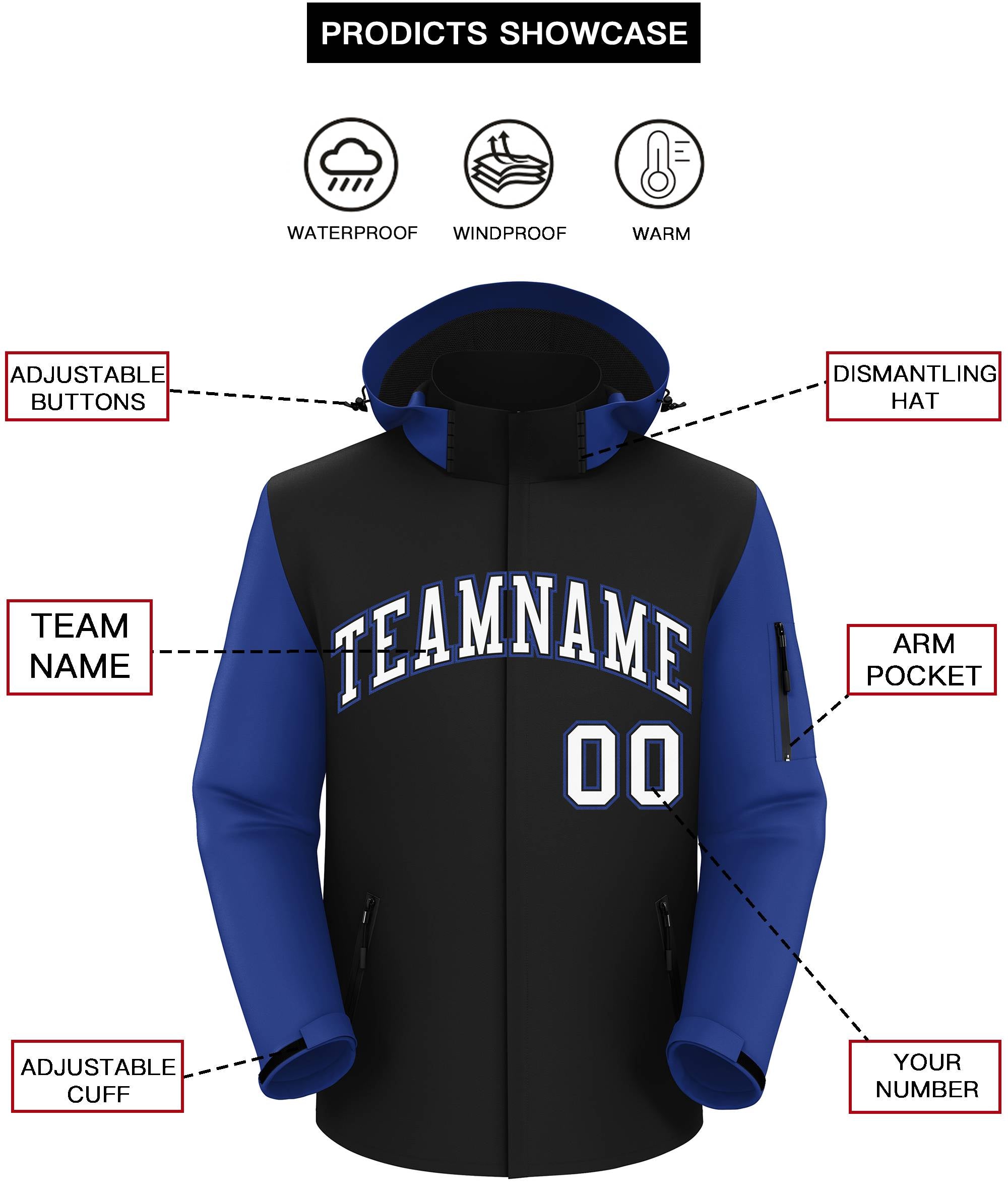Custom Black Royal-White Raglan Sleeves Waterproof Jacket