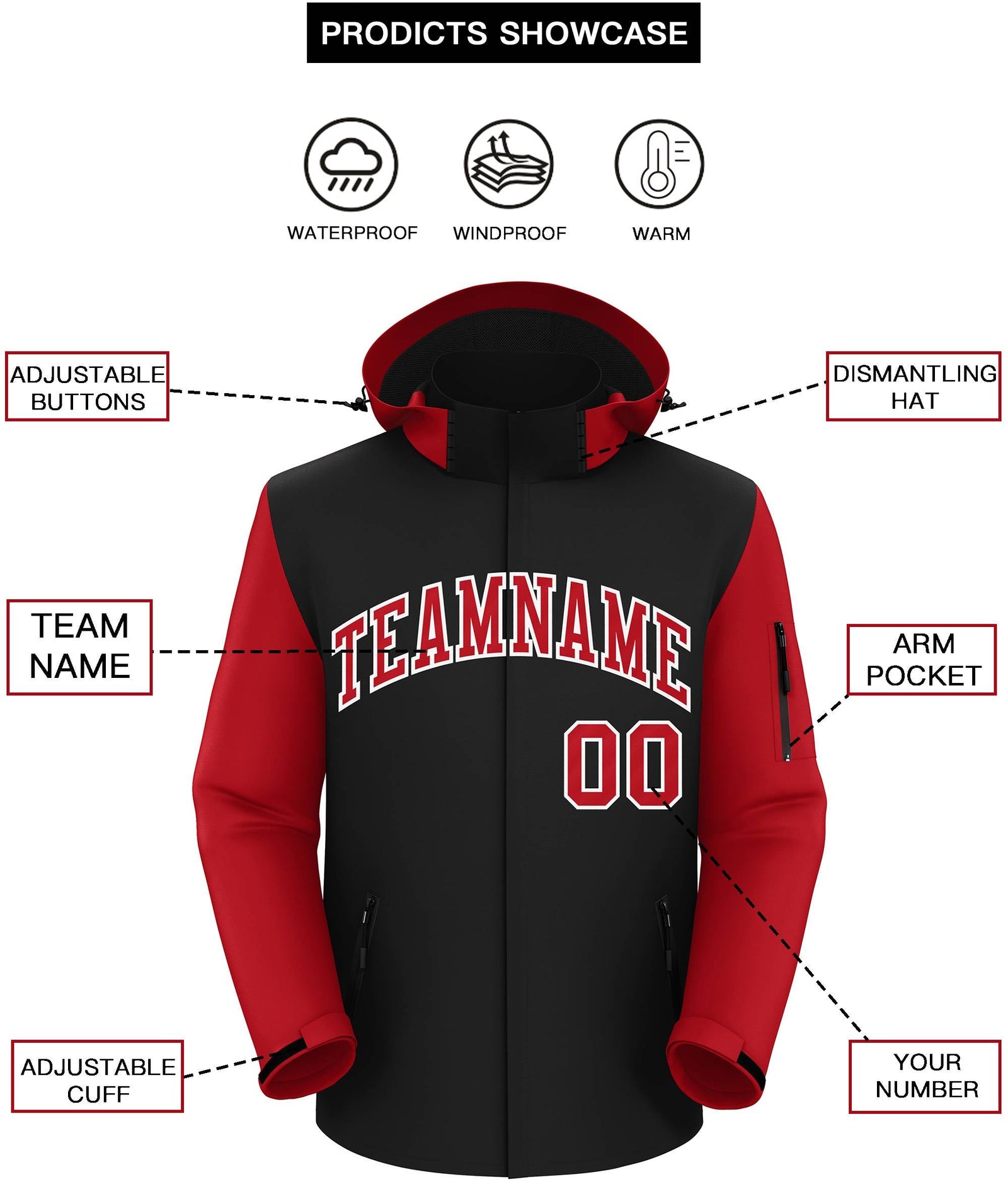 Custom Black Red-White Raglan Sleeves Waterproof Jacket