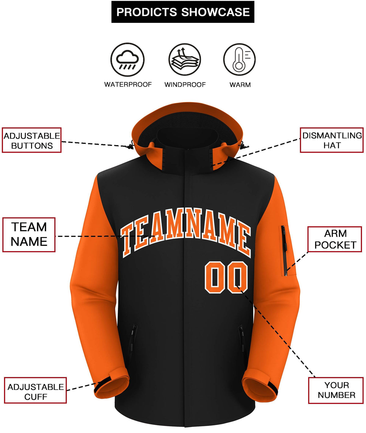 Custom Black Orange-White Raglan Sleeves Waterproof Jacket