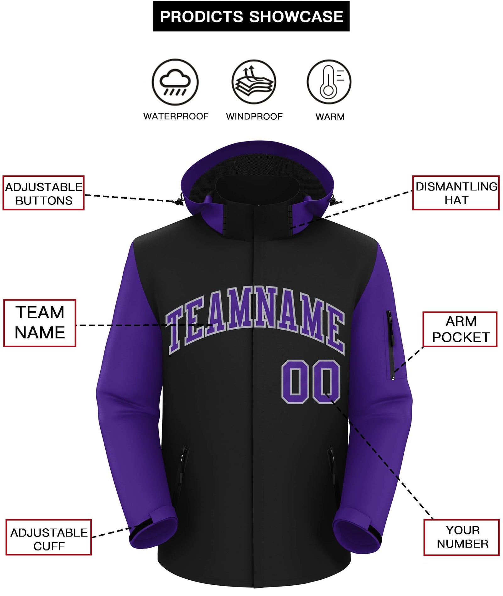 Custom Black Purple-Gray Raglan Sleeves Waterproof Jacket