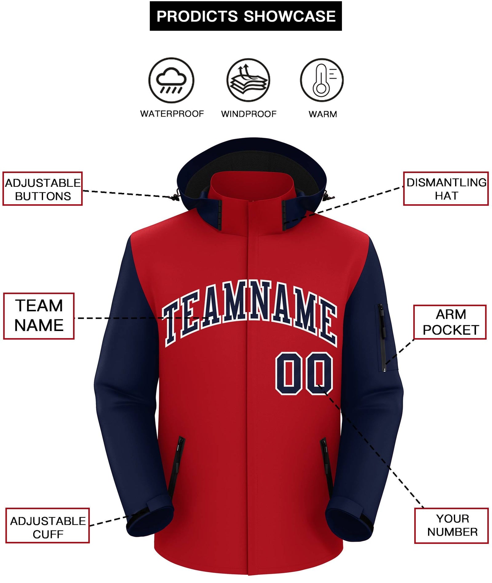 Custom Red Navy-White Raglan Sleeves Waterproof Jacket