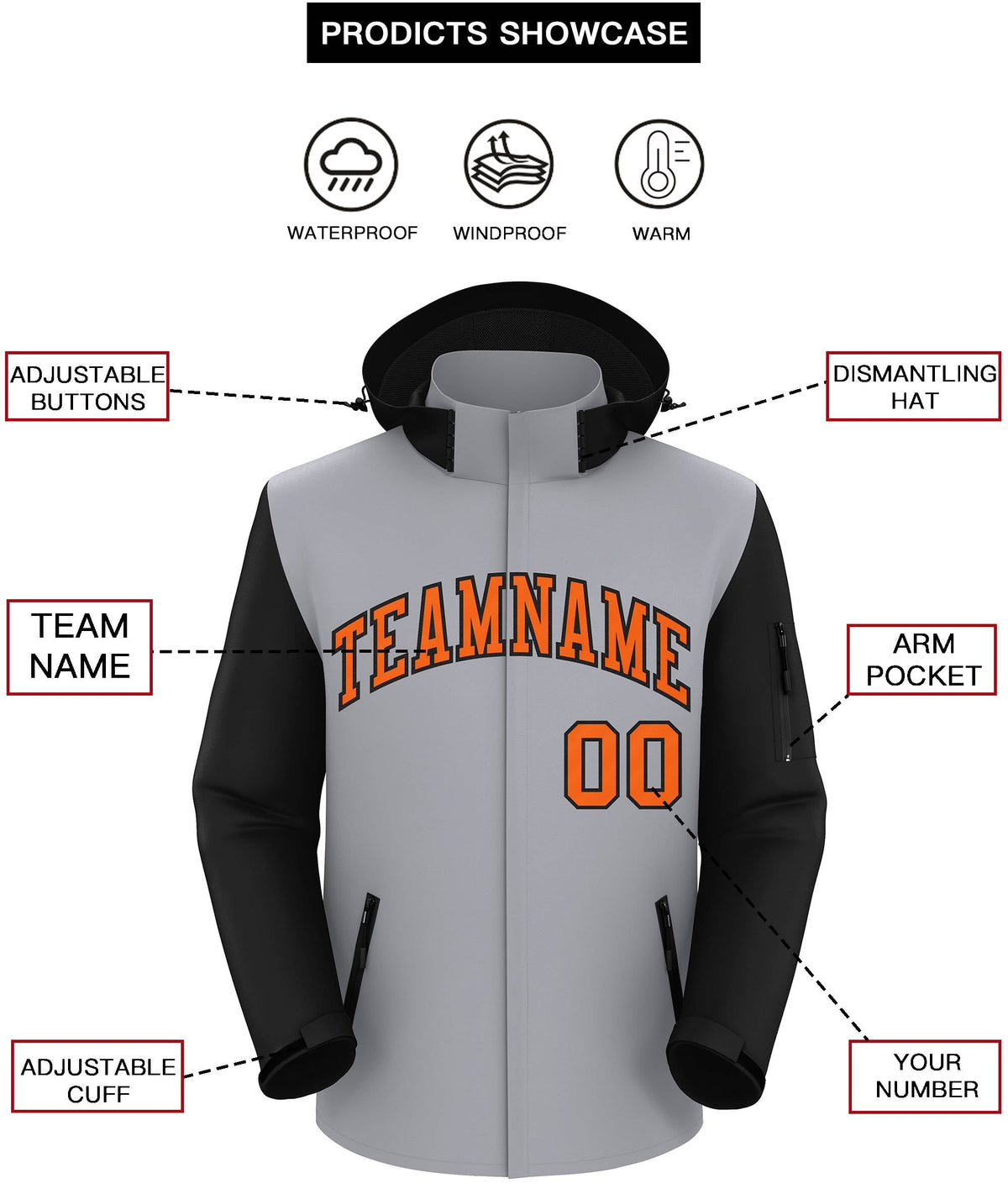 Custom Gray Black-Orange Raglan Sleeves Waterproof Jacket