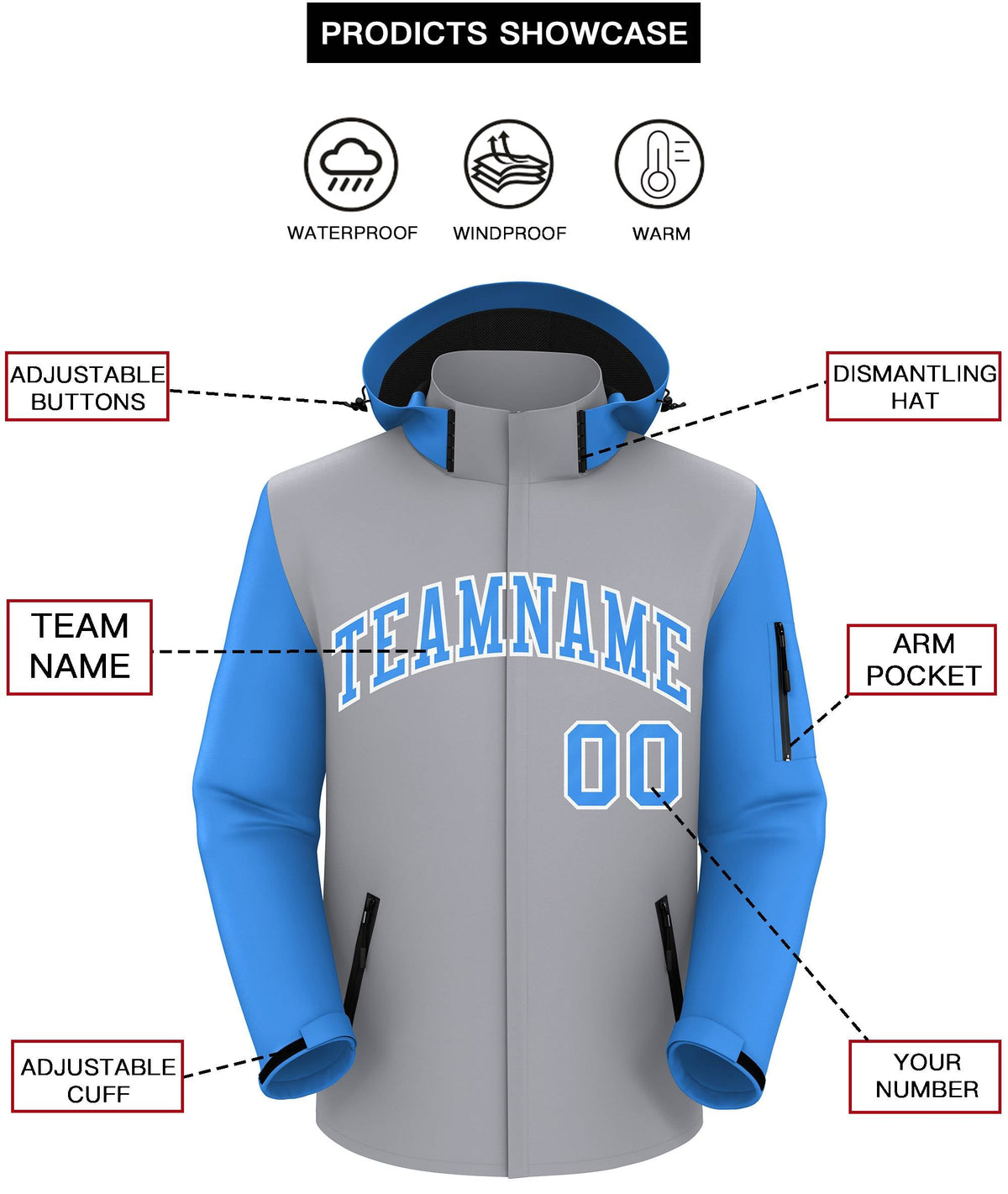 Custom Gray Powder Blue-White Raglan Sleeves Waterproof Jacket