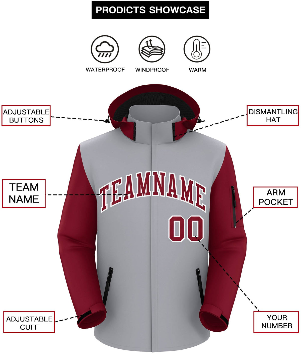 Custom Gray Crimson-White Raglan Sleeves Waterproof Jacket