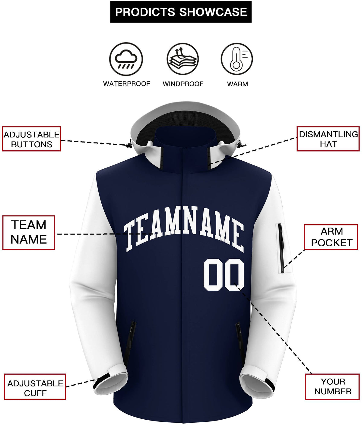 Custom Navy White- Raglan Sleeves Waterproof Jacket