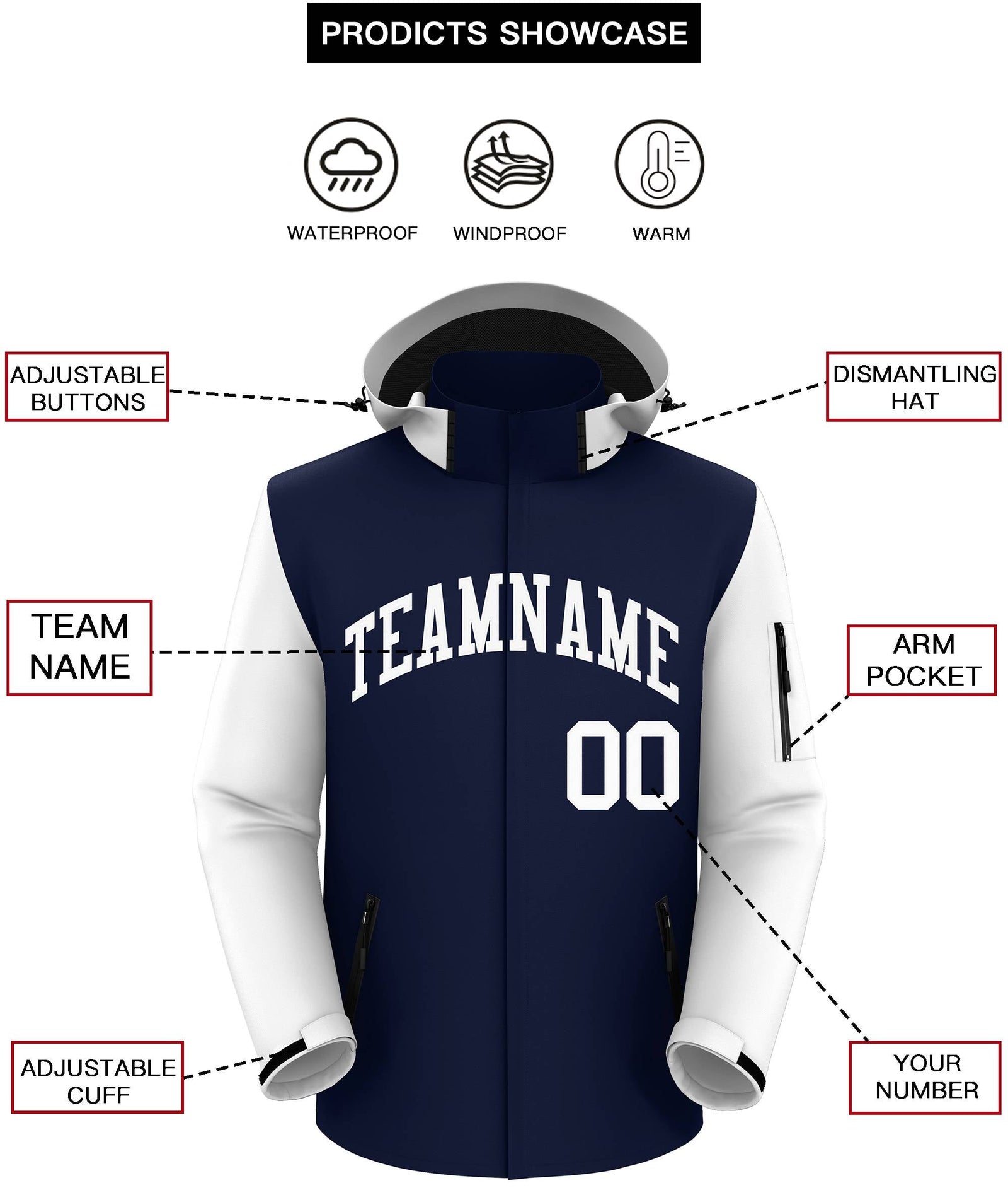 Custom Navy White- Raglan Sleeves Waterproof Jacket