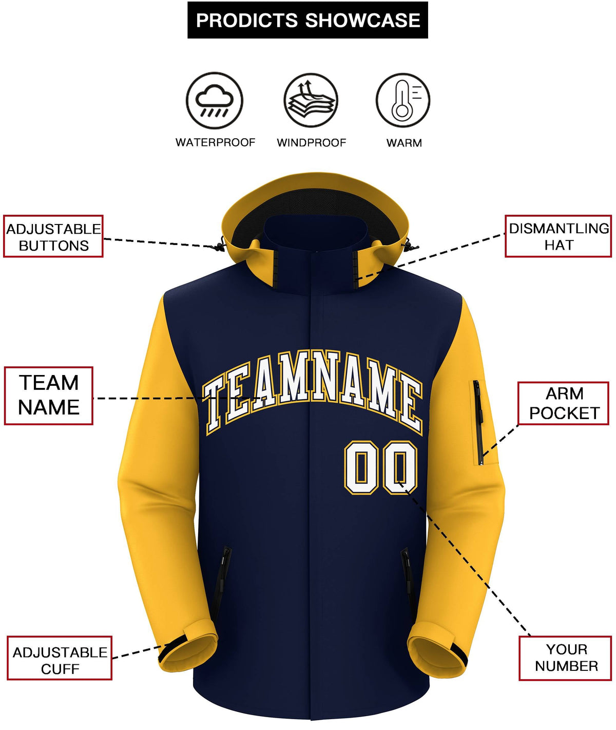 Custom Navy Gold-White Raglan Sleeves Waterproof Jacket