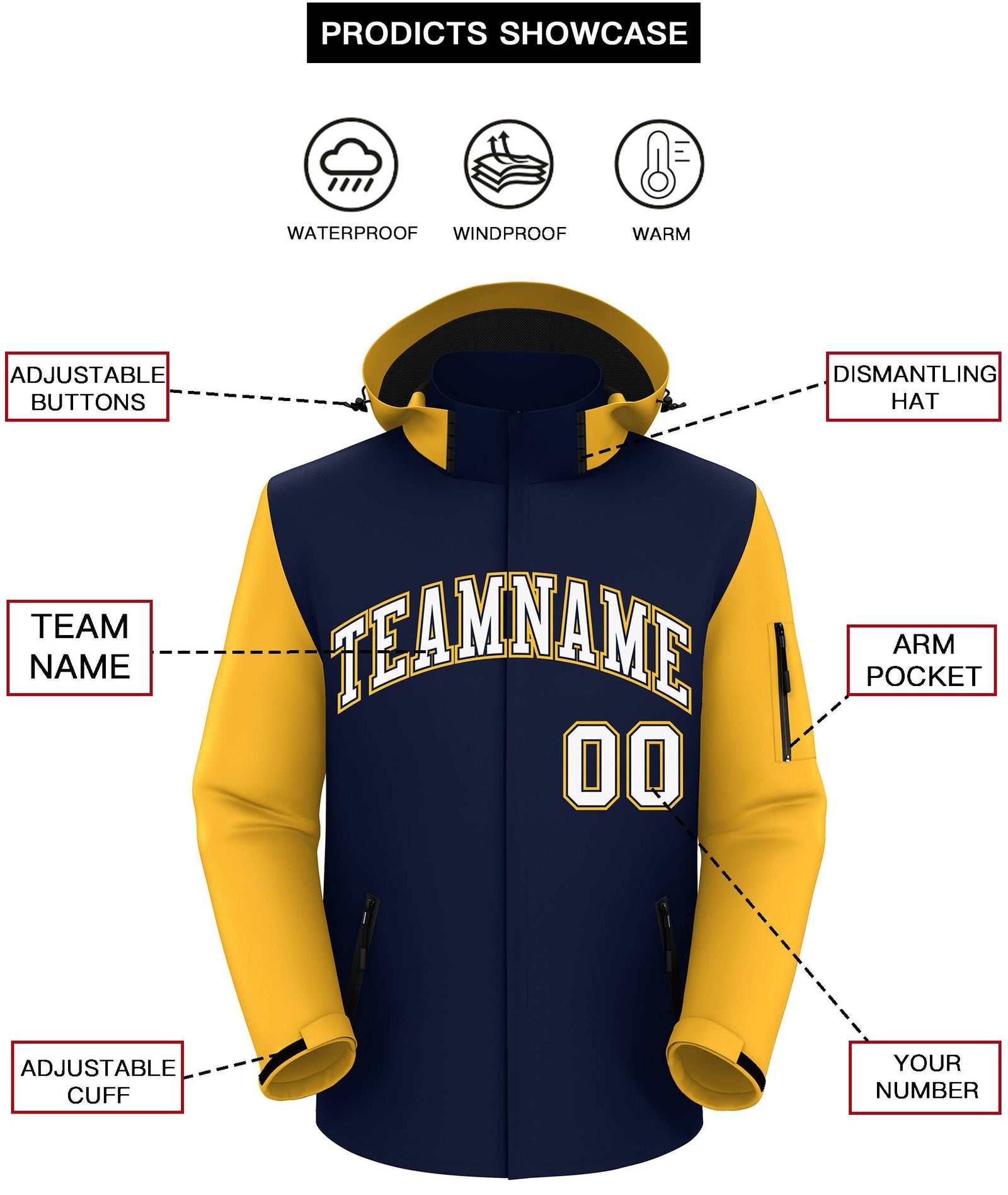 Custom Navy Gold-White Raglan Sleeves Waterproof Jacket