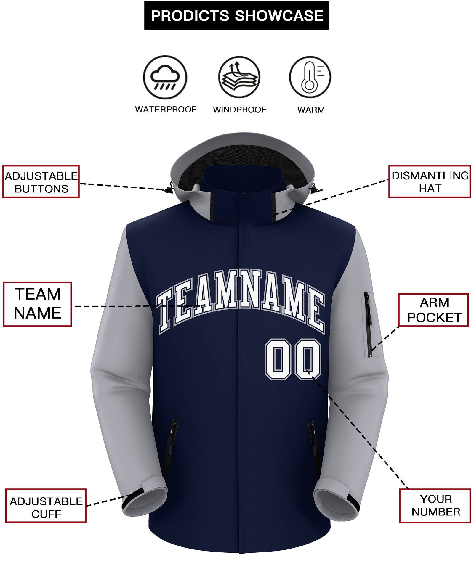 Custom Navy Gray-White Raglan Sleeves Waterproof Jacket