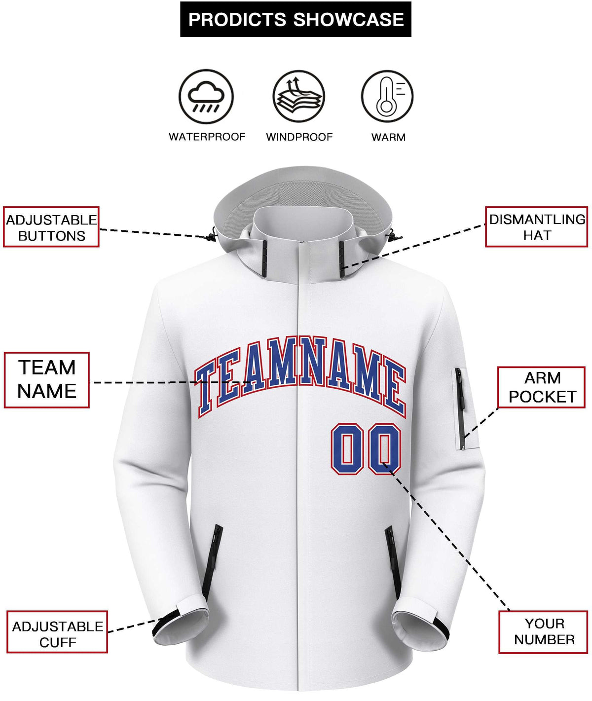 Custom White Royal-Red Classic Style Waterproof Jacket