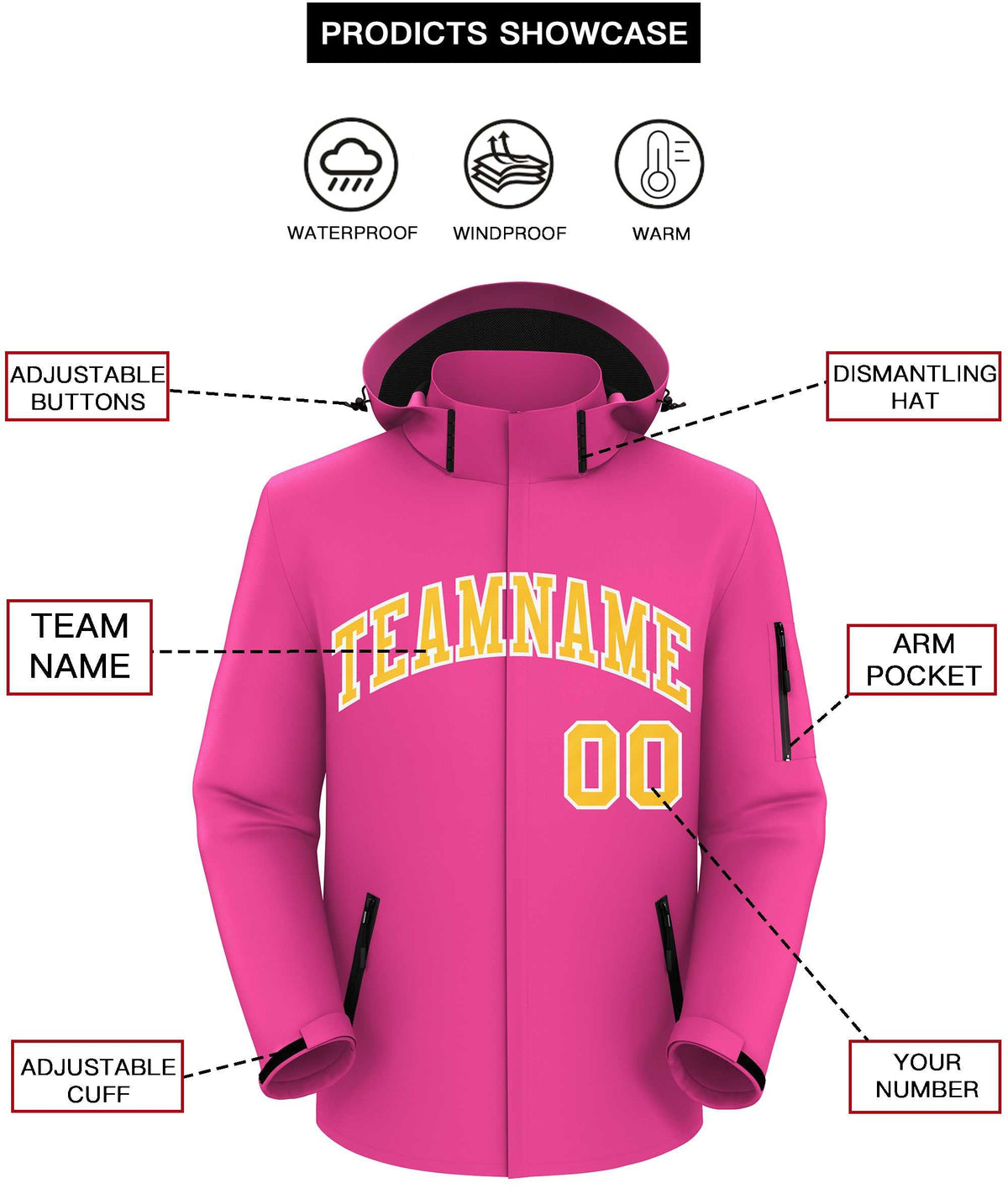 Custom Pink Gold-White Classic Style Waterproof Jacket