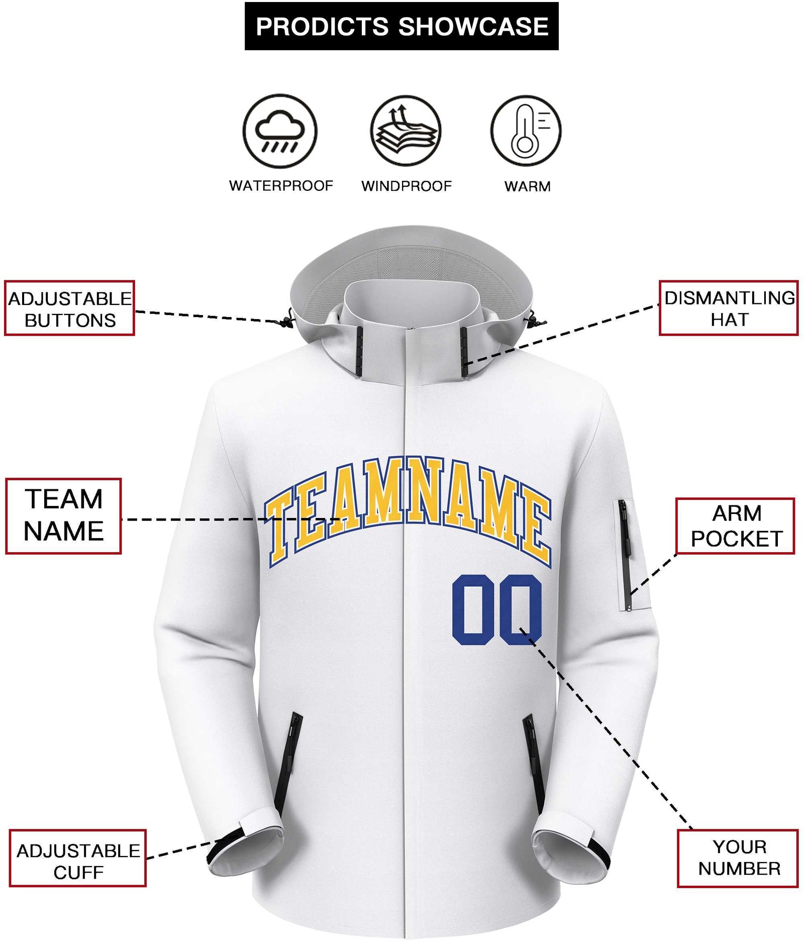 Custom White Gold-Royal Classic Style Waterproof Jacket