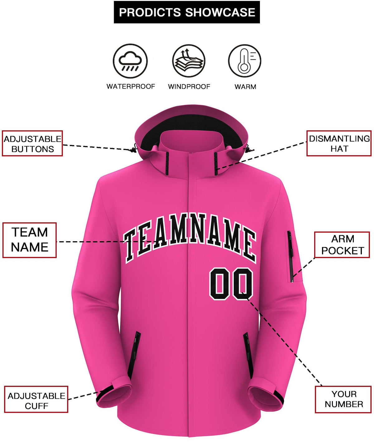 Custom Pink Black-White Classic Style Waterproof Jacket