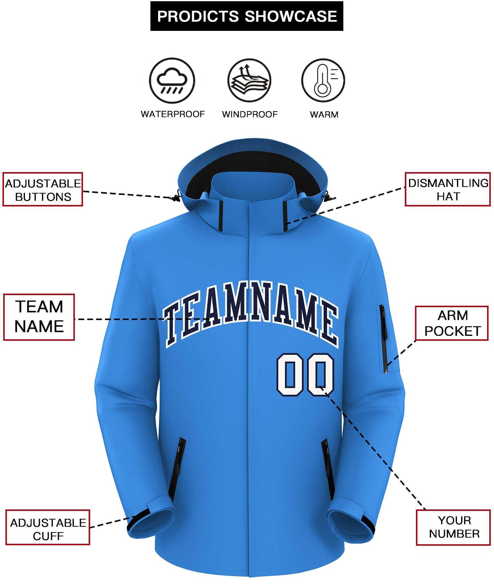 Custom Powder Blue Navy-White Classic Style Waterproof Jacket