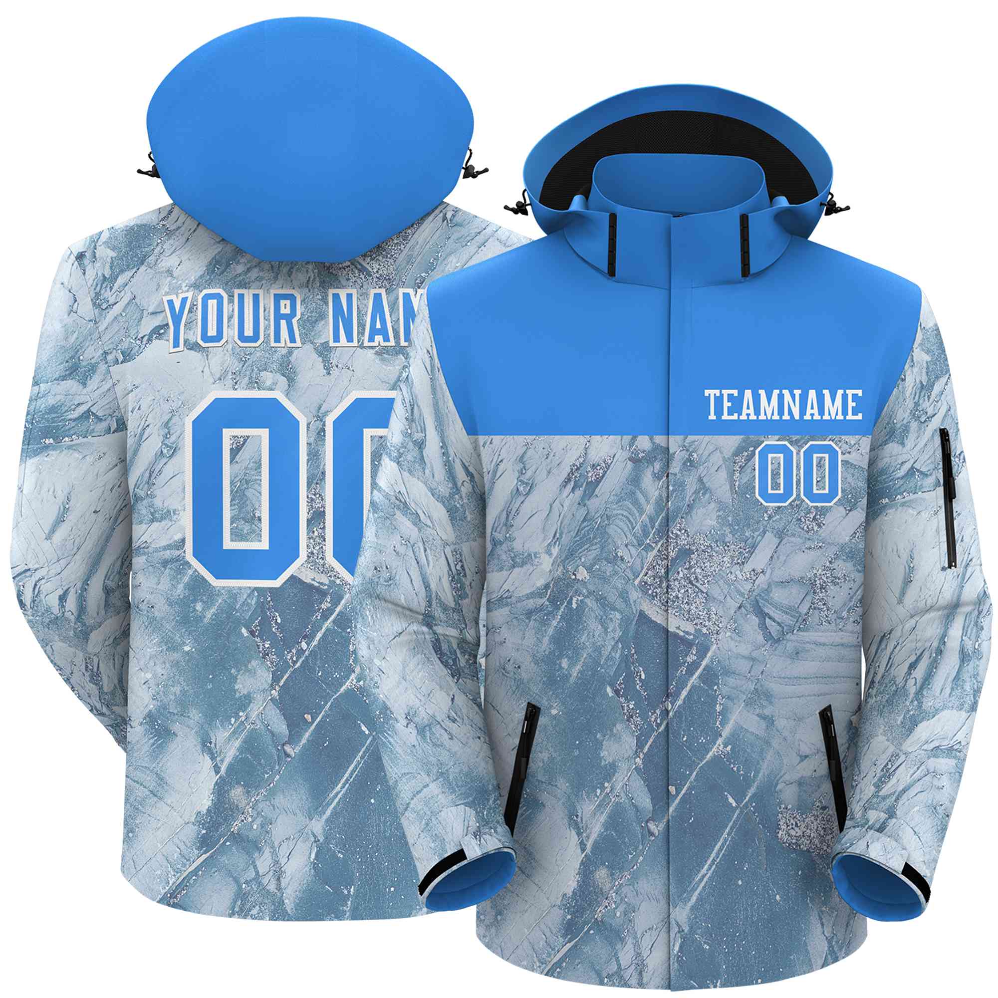 Custom Powder Blue White Graffiti Pattern Personalized Outdoor Hooded Waterproof Jacket