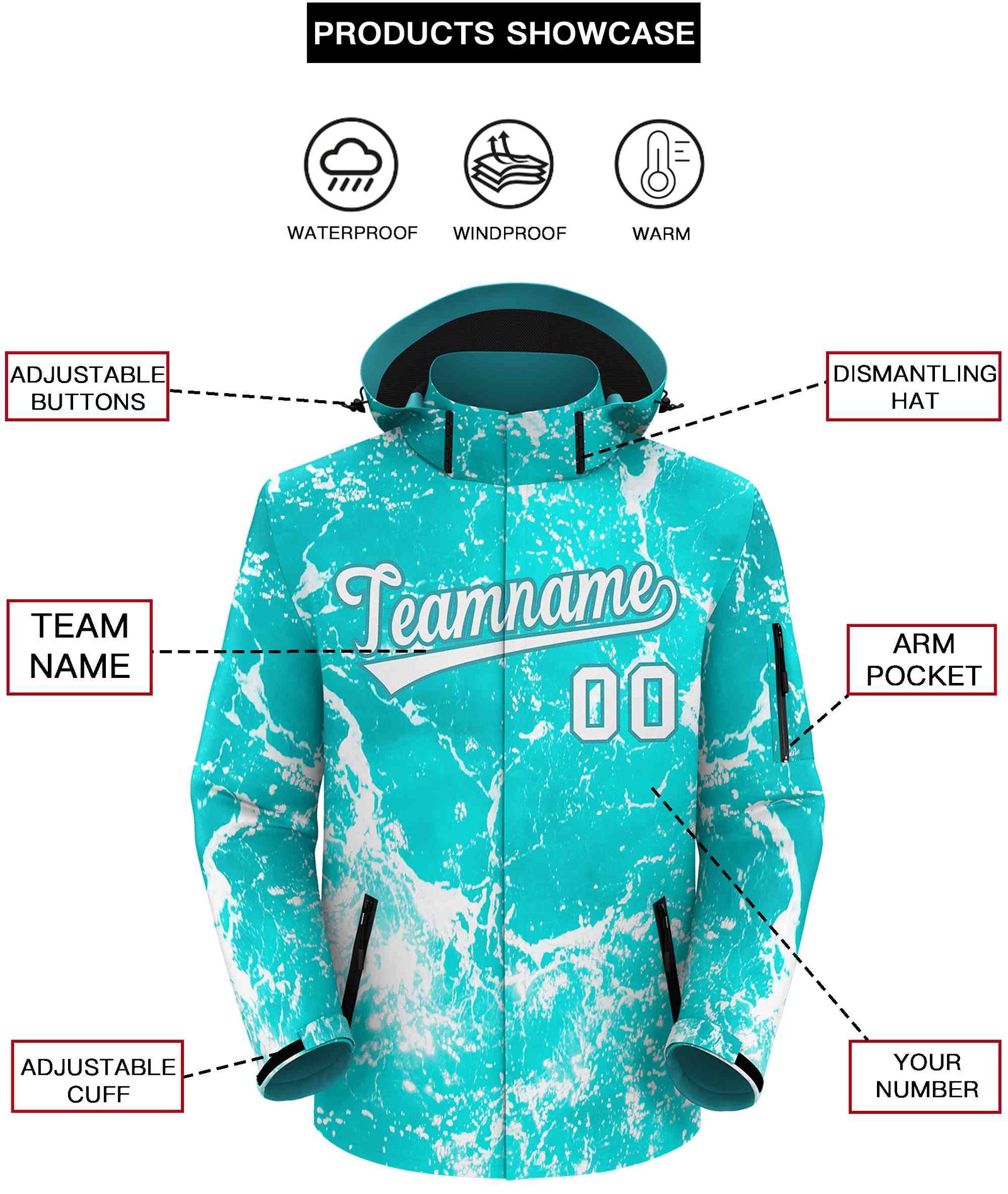 Custom Aqua White Graffiti Pattern Personalized Outdoor Hooded Waterproof Jacket