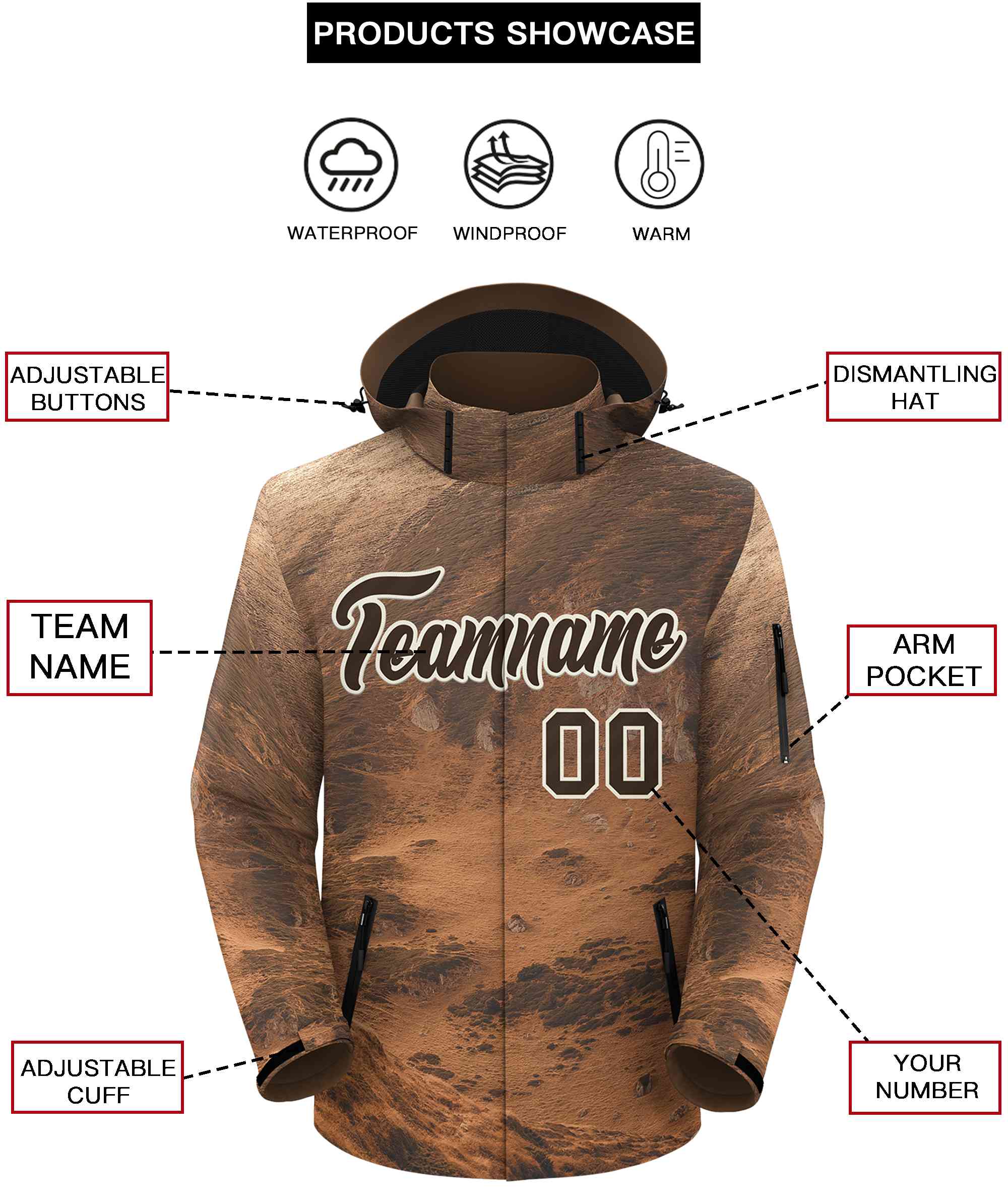 Custom Lt Brown Cream Graffiti Pattern Personalized Outdoor Hooded Waterproof Jacket
